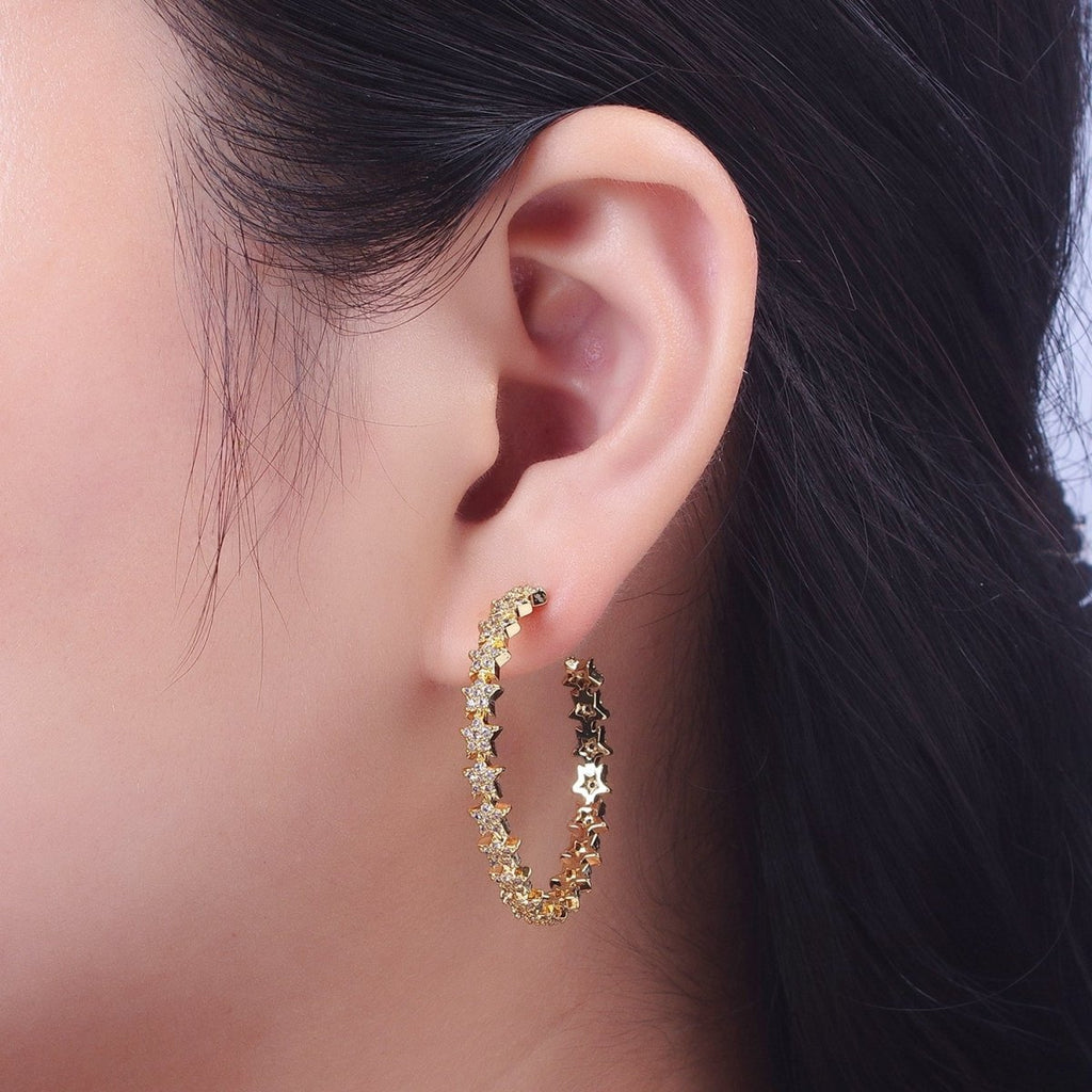 24K Gold plated 35mm Micro Paved CZ Celestial Star Lined C Shaped Hoops Stud Earrings in Gold & Silver |  AE1089 AE1090
