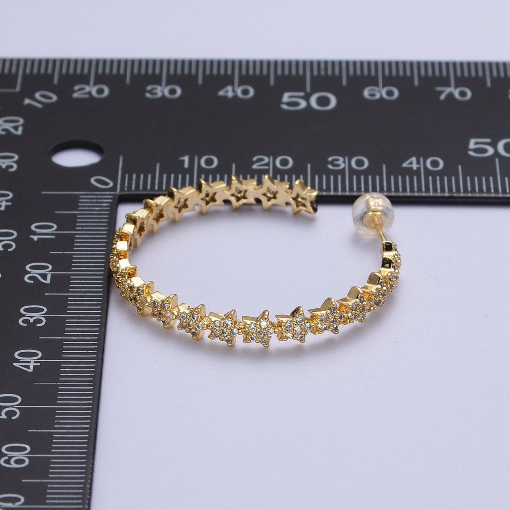 24K Gold plated 35mm Micro Paved CZ Celestial Star Lined C Shaped Hoops Stud Earrings in Gold & Silver |  AE1089 AE1090