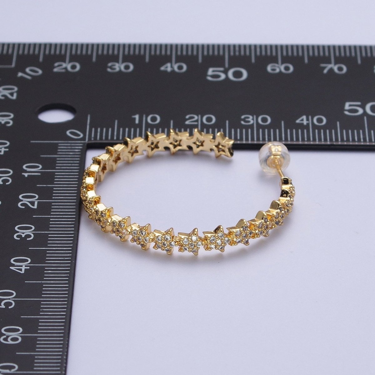 24K Gold plated 35mm Micro Paved CZ Celestial Star Lined C Shaped Hoops Stud Earrings in Gold & Silver |  AE1089 AE1090