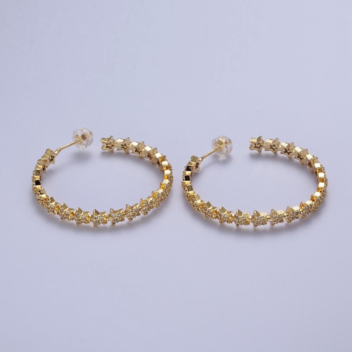 24K Gold plated 35mm Micro Paved CZ Celestial Star Lined C Shaped Hoops Stud Earrings in Gold & Silver |  AE1089 AE1090