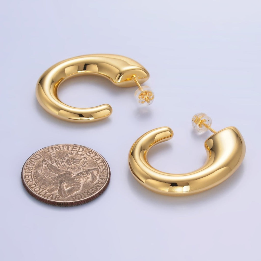 24K Gold plated 35mm Minimalist J - Shaped Hoop Earrings in Gold & Silver | AB861 AB862 - DLUXCA