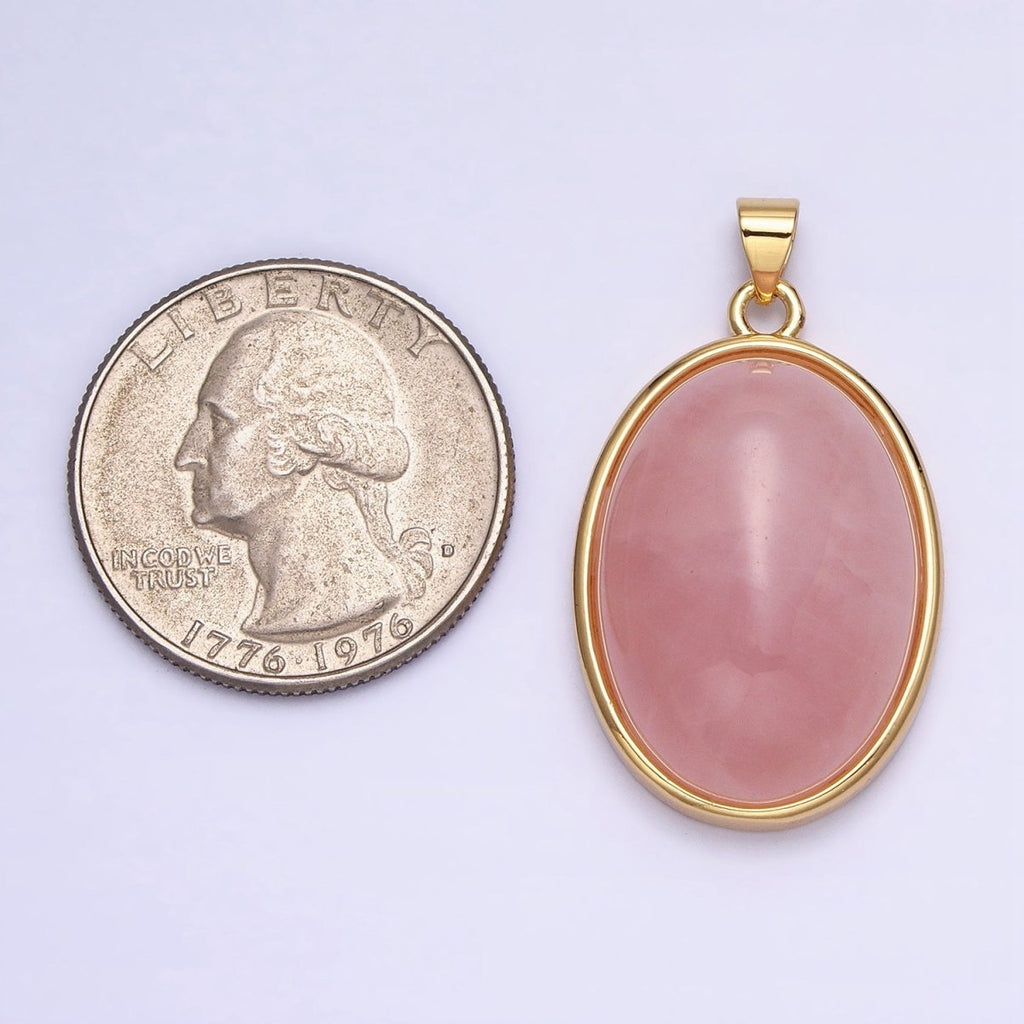 24K Gold plated 35mm Rose Quartz, Amethyst Natural Gemstone Cabochon Oval Bezel Pendant | AA292 AA293