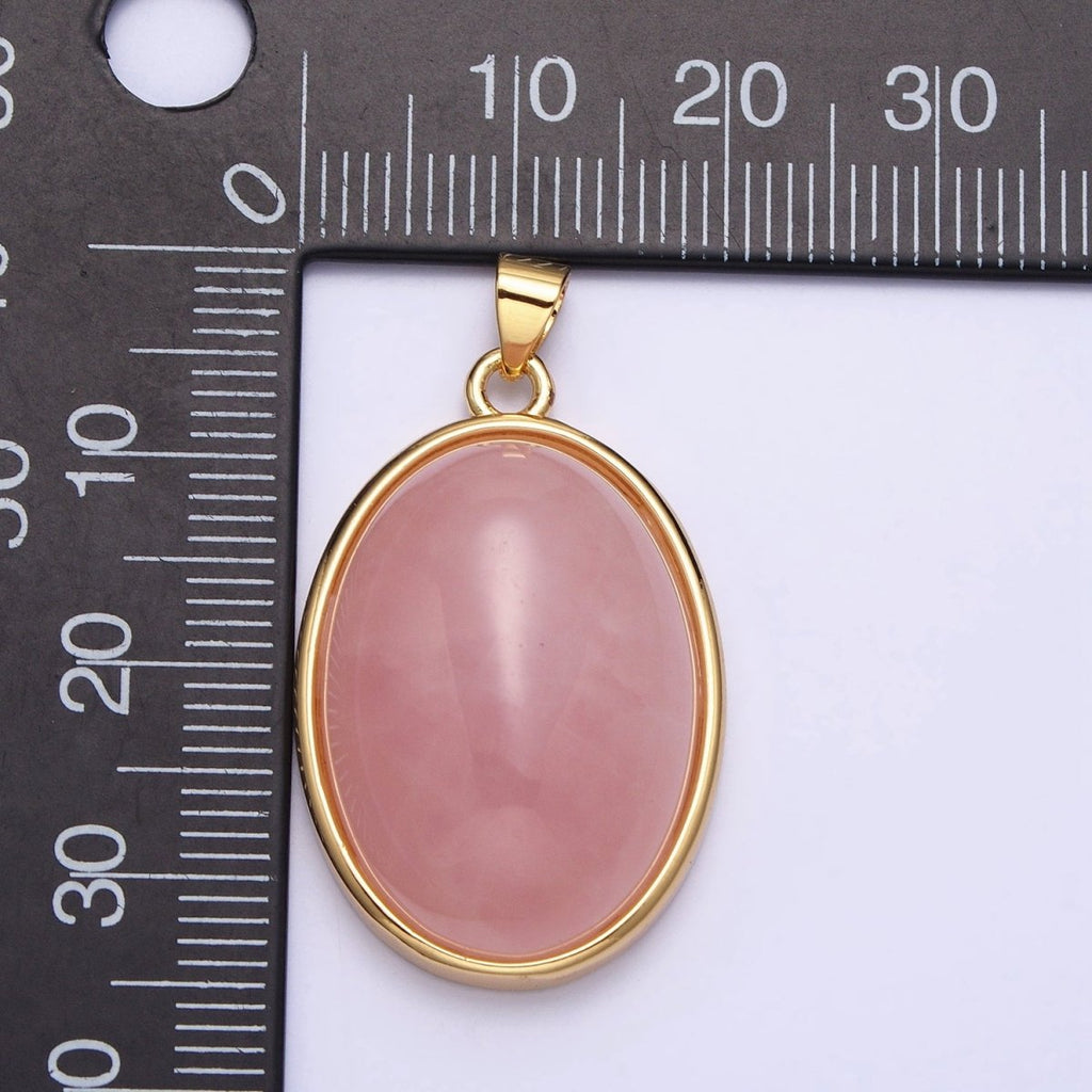 24K Gold plated 35mm Rose Quartz, Amethyst Natural Gemstone Cabochon Oval Bezel Pendant | AA292 AA293