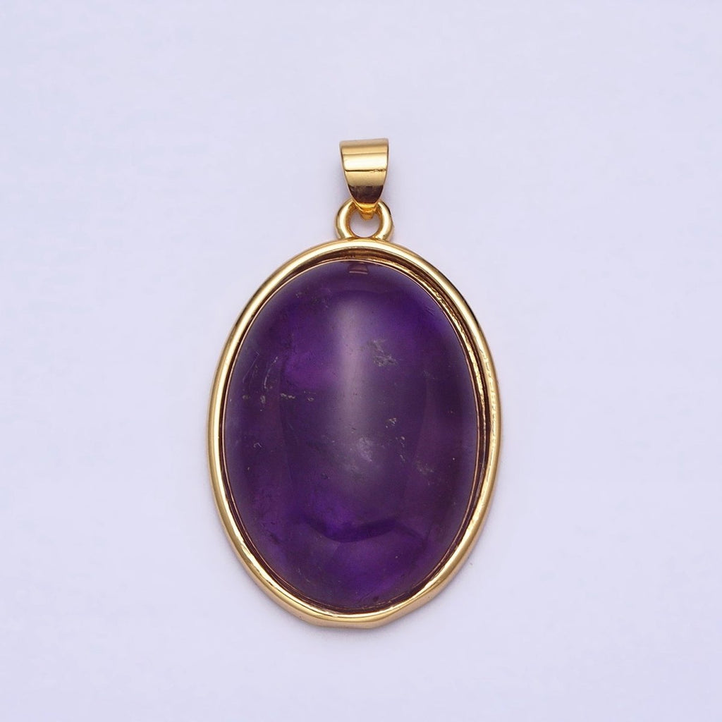 24K Gold plated 35mm Rose Quartz, Amethyst Natural Gemstone Cabochon Oval Bezel Pendant | AA292 AA293