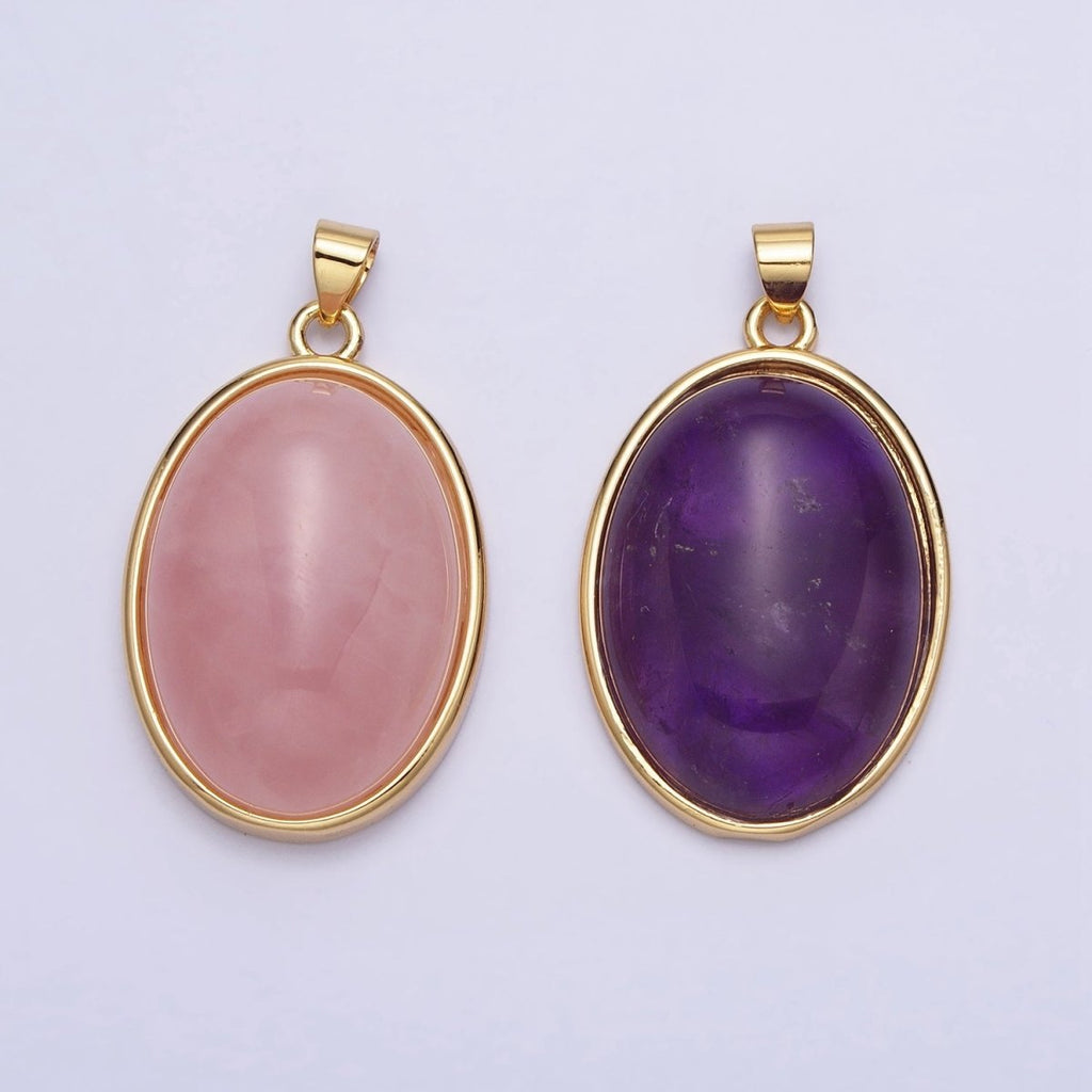 24K Gold plated 35mm Rose Quartz, Amethyst Natural Gemstone Cabochon Oval Bezel Pendant | AA292 AA293