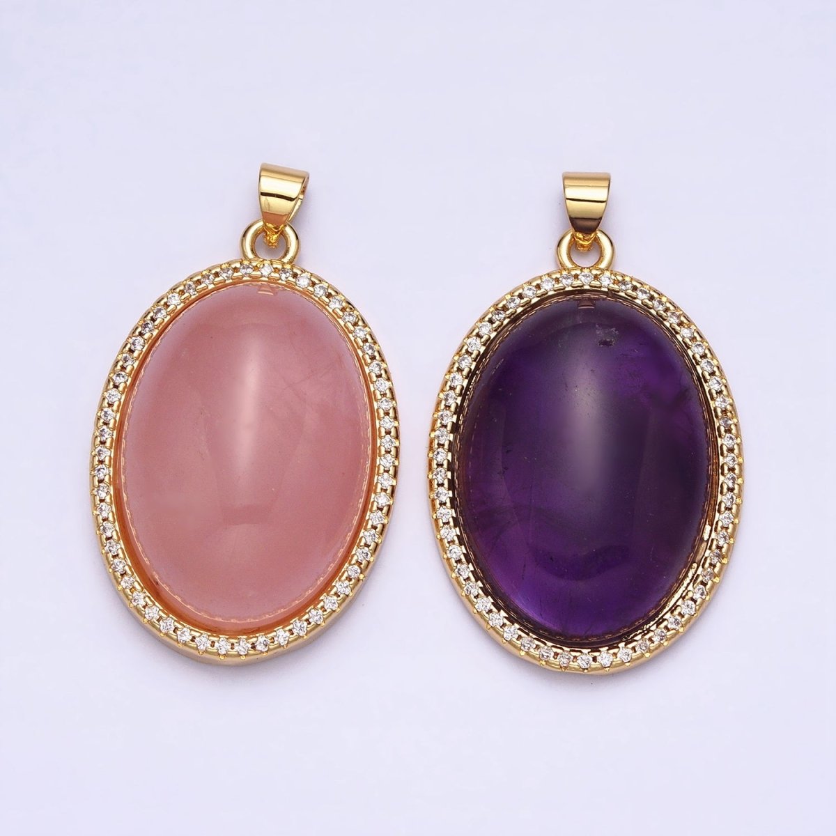 24K Gold plated 35mm Rose Quartz, Amethyst Natural Gemstone Cabochon Oval Micro Paved CZ Pendant | AA290 AA291
