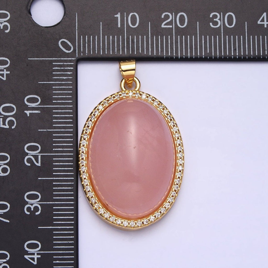 24K Gold plated 35mm Rose Quartz, Amethyst Natural Gemstone Cabochon Oval Micro Paved CZ Pendant | AA290 AA291