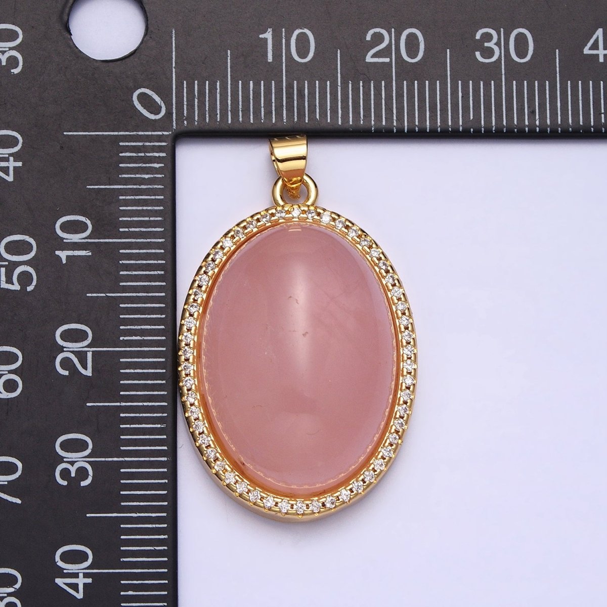 24K Gold plated 35mm Rose Quartz, Amethyst Natural Gemstone Cabochon Oval Micro Paved CZ Pendant | AA290 AA291
