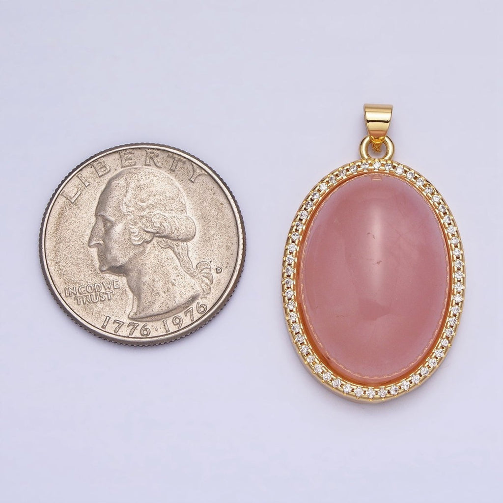24K Gold plated 35mm Rose Quartz, Amethyst Natural Gemstone Cabochon Oval Micro Paved CZ Pendant | AA290 AA291