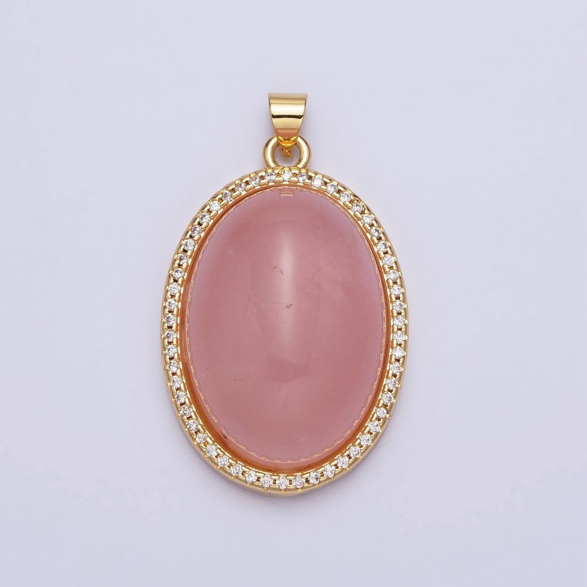 24K Gold plated 35mm Rose Quartz, Amethyst Natural Gemstone Cabochon Oval Micro Paved CZ Pendant | AA290 AA291