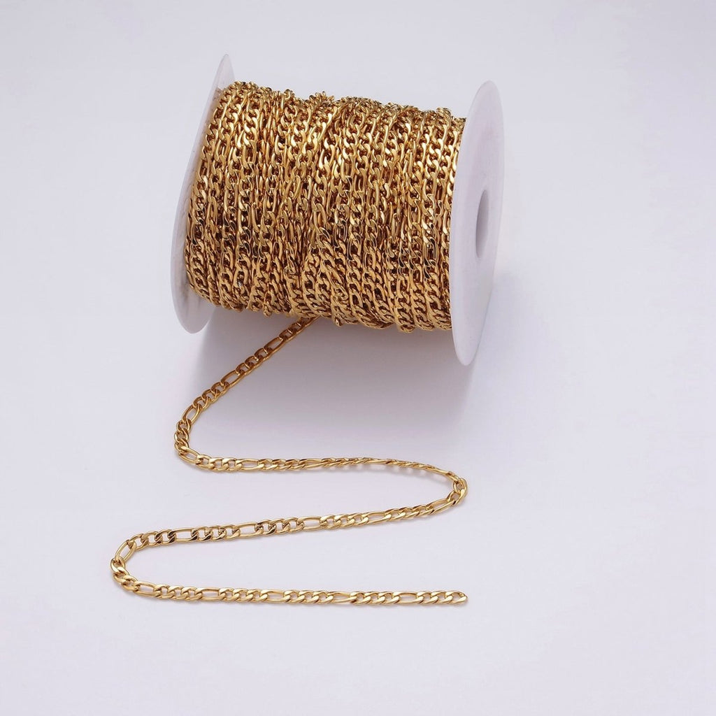 24k Gold plated 3.8mm Width Figaro Chain Unfinished Chain by Yard Chain Bulk Wholesale | ROLL-1492 - DLUXCA