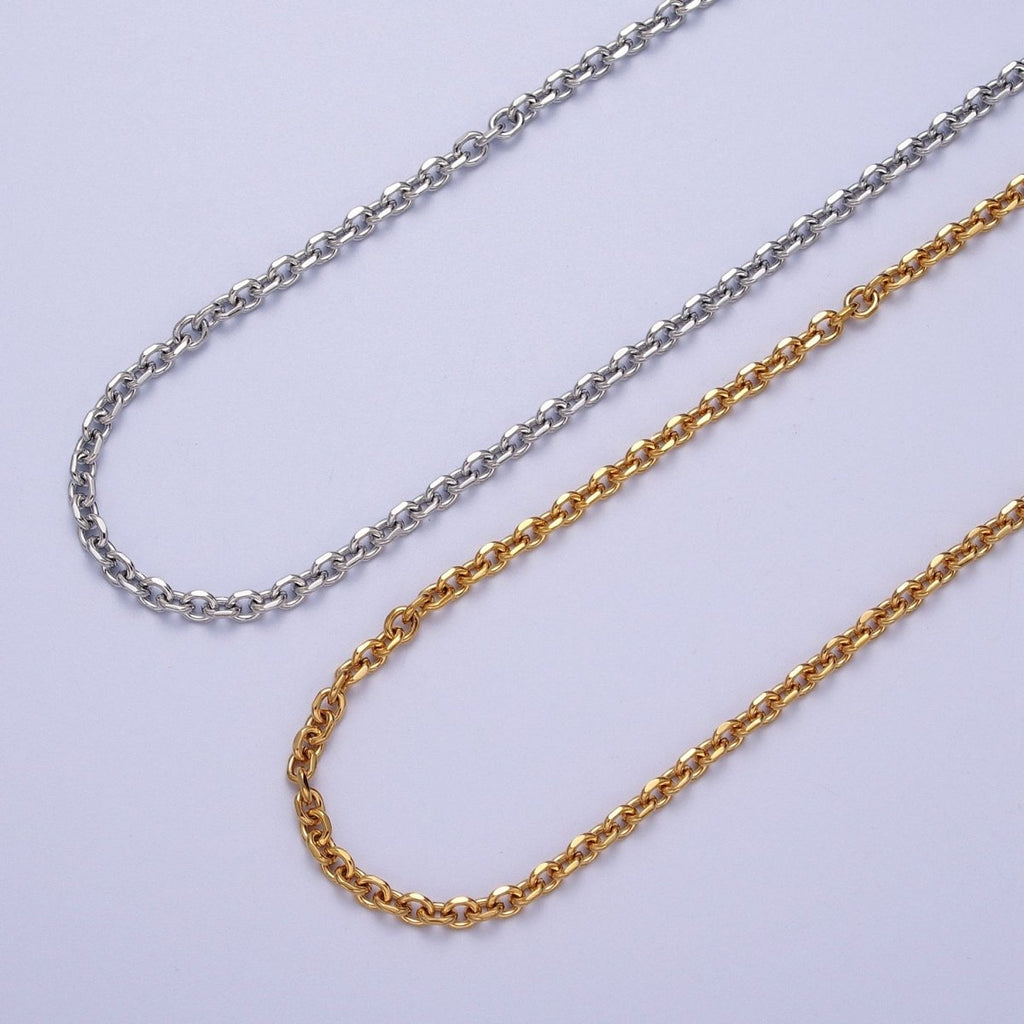 24K Gold plated 3mm Flat Cable Link Gold, Silver Unfinished Chain | ROLL-889, ROLL-890 Clearance Pricing - DLUXCA