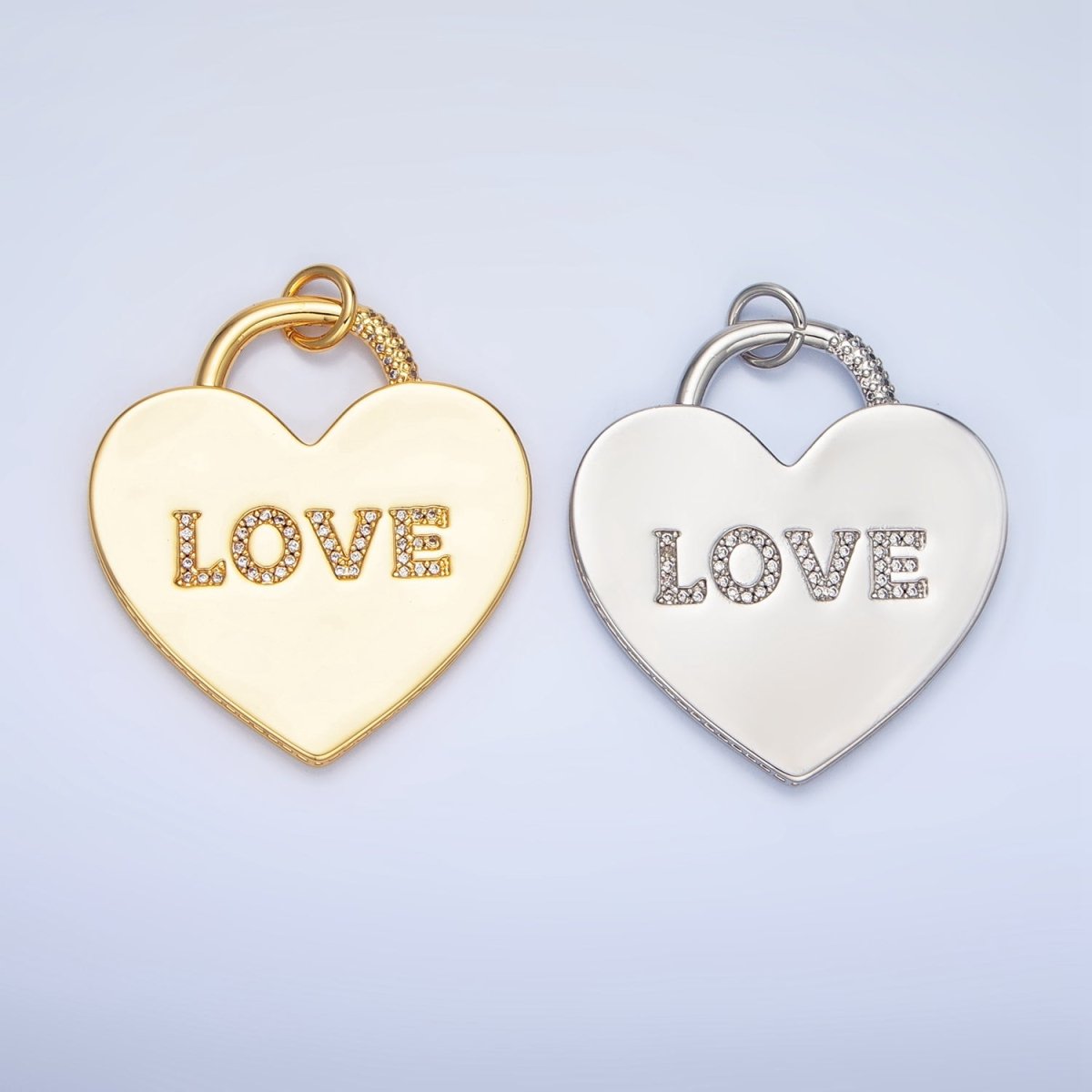 24K Gold plated 40mm "LOVE" Micro Paved CZ Heart Padlock Charm in Gold & Silver | N746 - DLUXCA