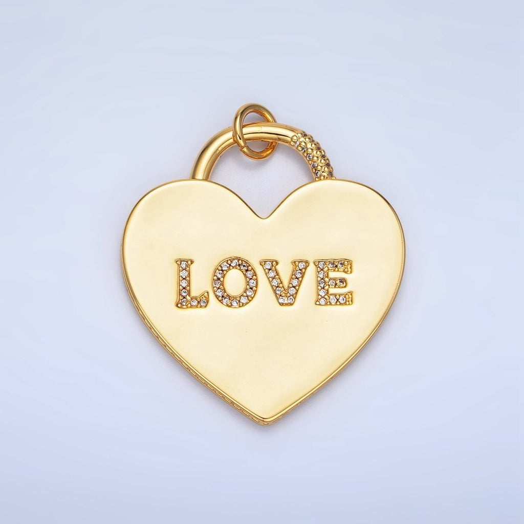 24K Gold plated 40mm "LOVE" Micro Paved CZ Heart Padlock Charm in Gold & Silver | N746 - DLUXCA