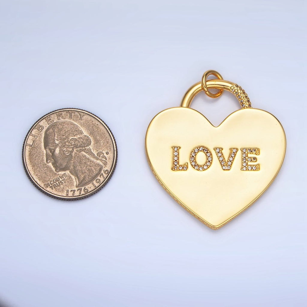 24K Gold plated 40mm "LOVE" Micro Paved CZ Heart Padlock Charm in Gold & Silver | N746 - DLUXCA
