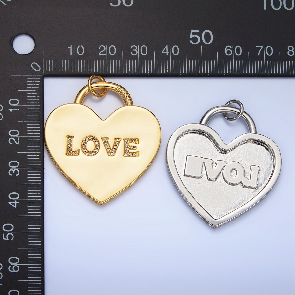 24K Gold plated 40mm "LOVE" Micro Paved CZ Heart Padlock Charm in Gold & Silver | N746 - DLUXCA