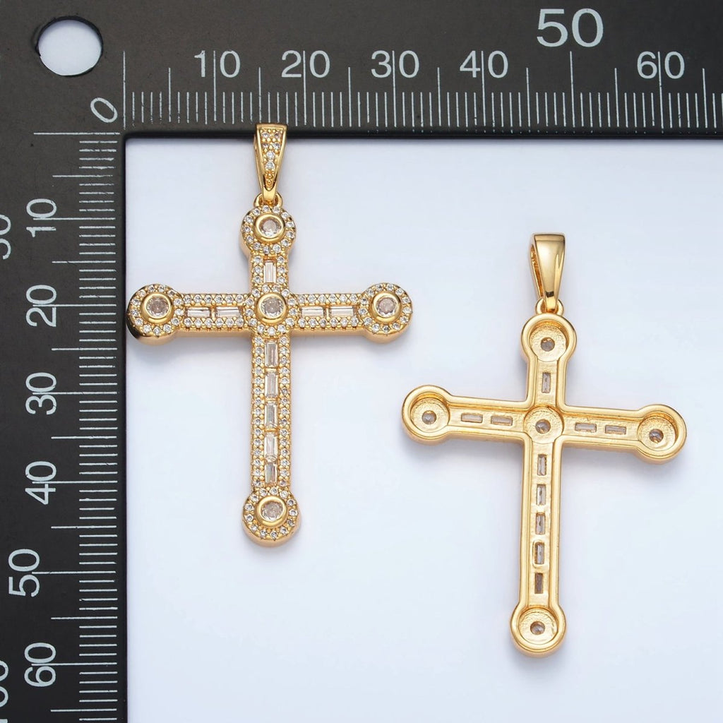 24K Gold plated 43mm Clear CZ Baguette Micro Paved Cross Pendant | AA1394 - DLUXCA