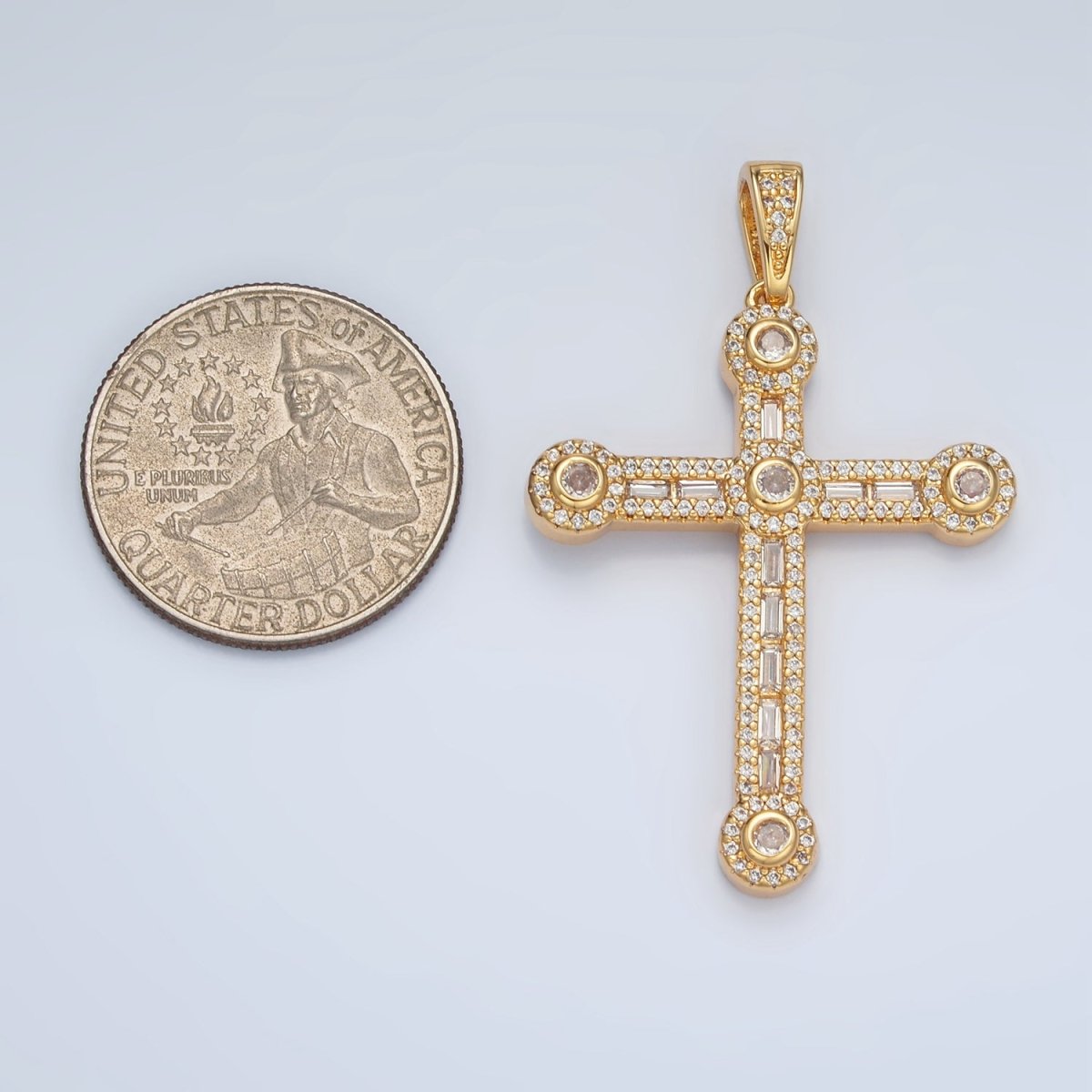 24K Gold plated 43mm Clear CZ Baguette Micro Paved Cross Pendant | AA1394 - DLUXCA