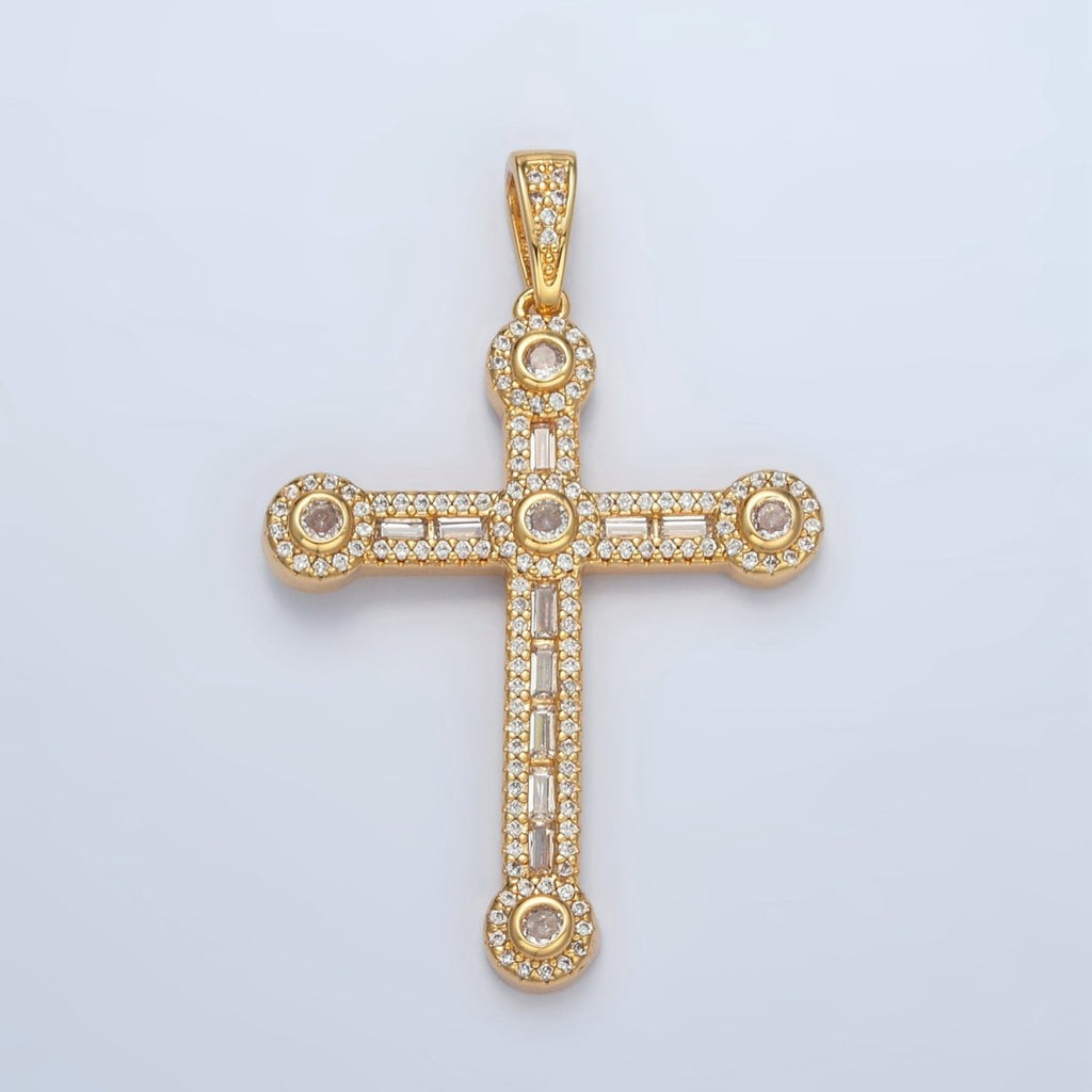 24K Gold plated 43mm Clear CZ Baguette Micro Paved Cross Pendant | AA1394 - DLUXCA