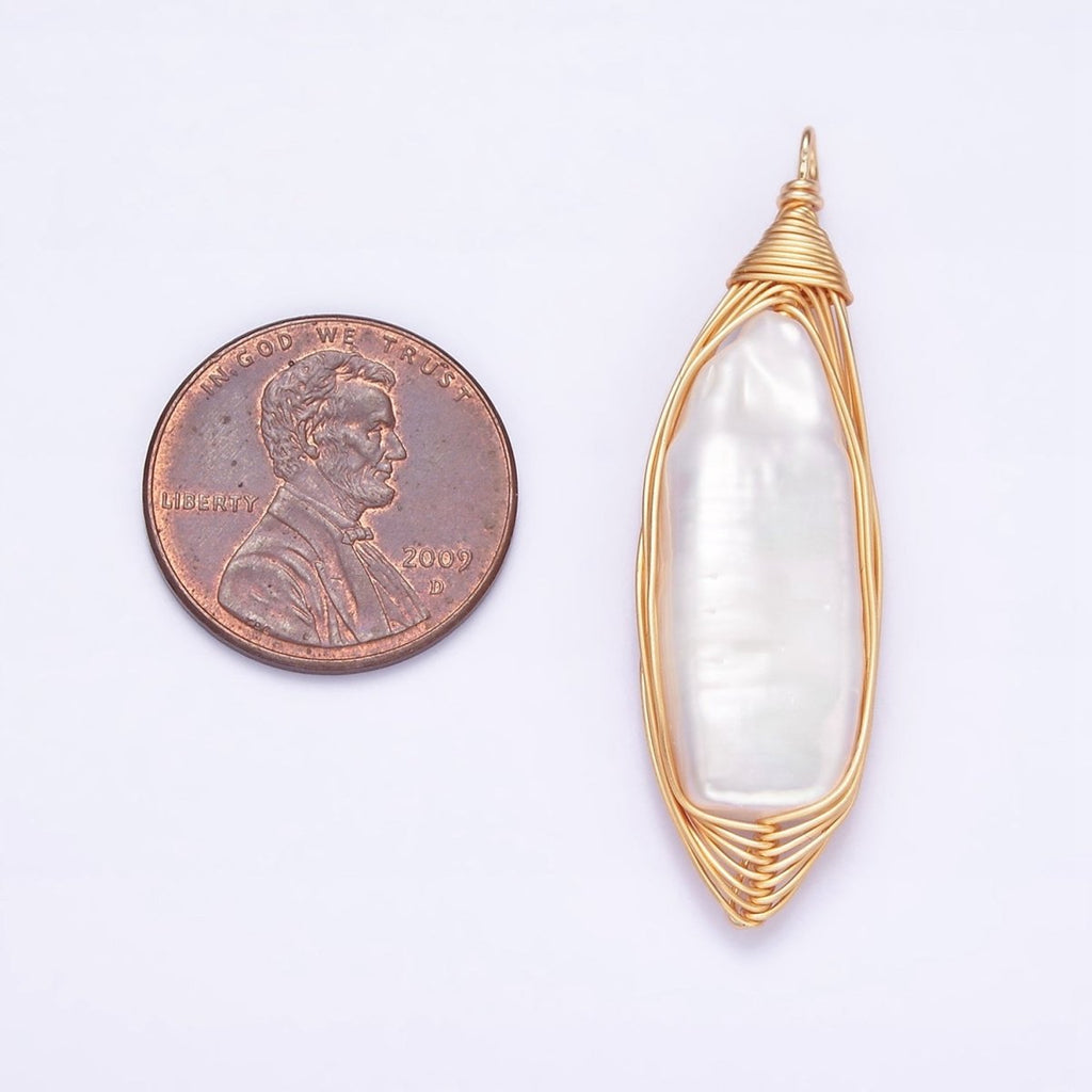 24K Gold plated 44.5mm Flat Baroque Freshwater Pearl Multiple Wire Charm | N1043 - DLUXCA
