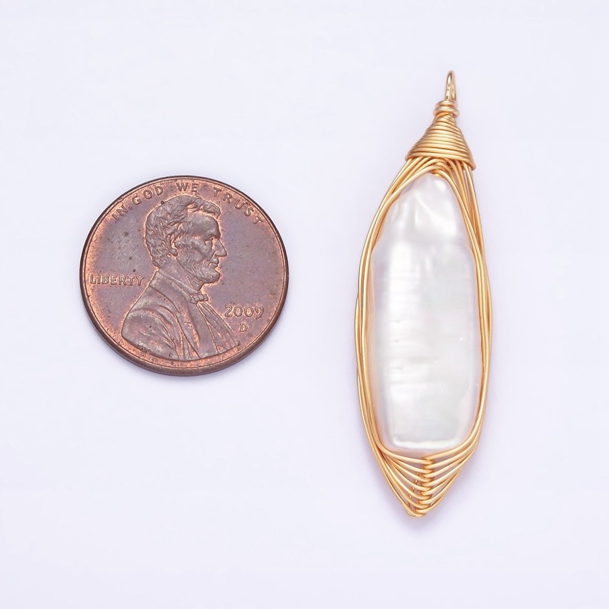 24K Gold plated 44.5mm Flat Baroque Freshwater Pearl Multiple Wire Charm | N1043 - DLUXCA