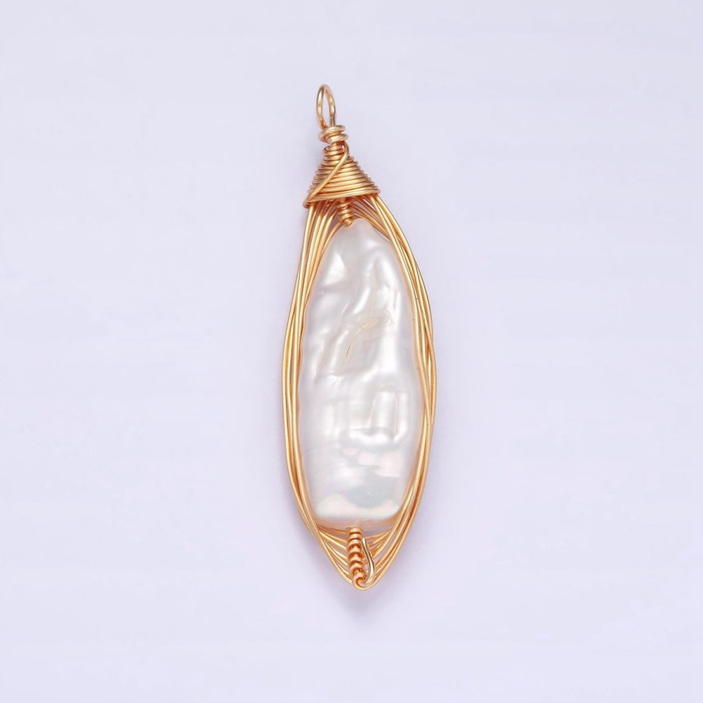 24K Gold plated 44.5mm Flat Baroque Freshwater Pearl Multiple Wire Charm | N1043 - DLUXCA