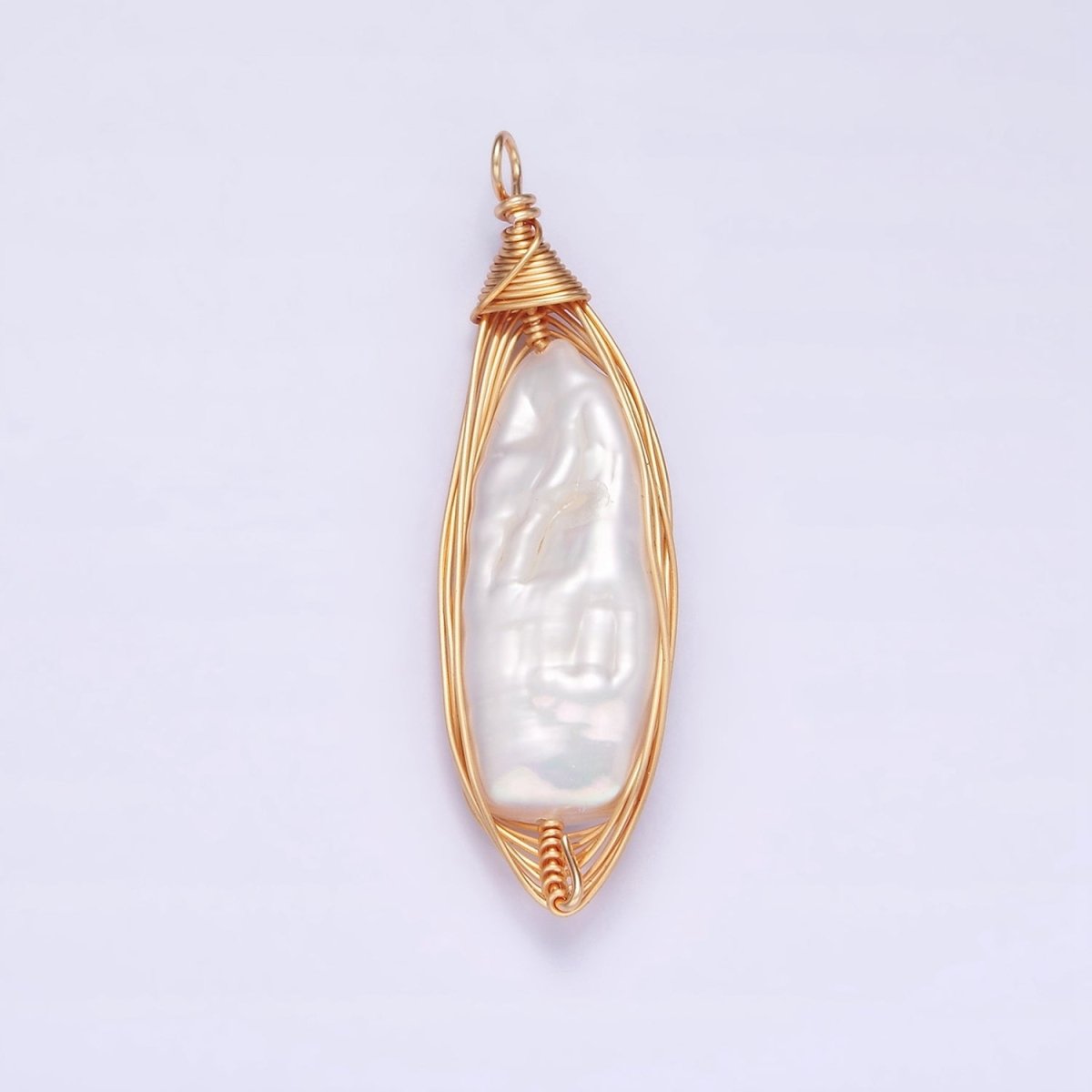 24K Gold plated 44.5mm Flat Baroque Freshwater Pearl Multiple Wire Charm | N1043 - DLUXCA