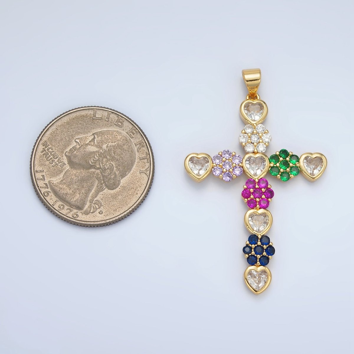 24K Gold plated 45mm Multicolor Heart Flower Cross Pendant | AH188 - DLUXCA