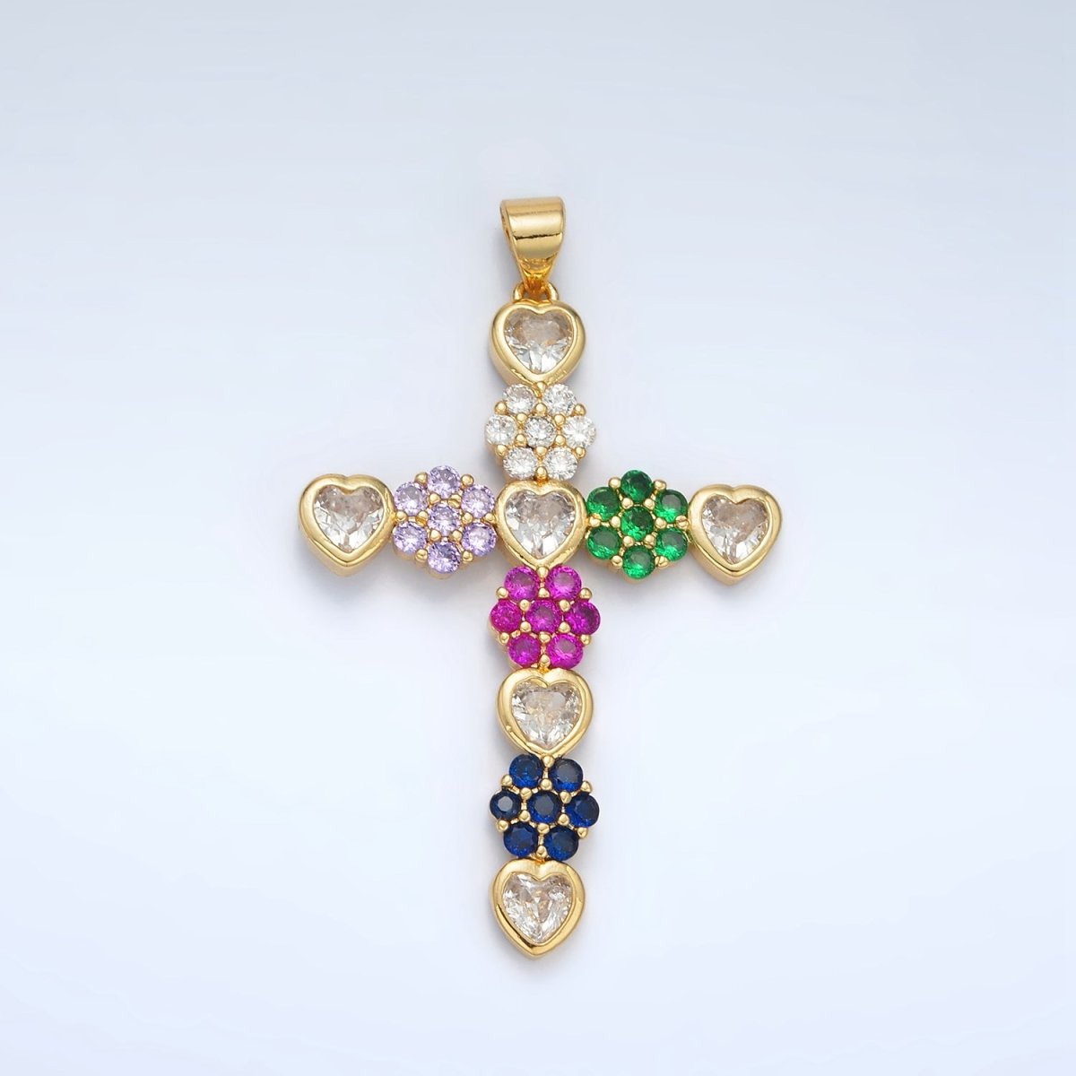24K Gold plated 45mm Multicolor Heart Flower Cross Pendant | AH188 - DLUXCA