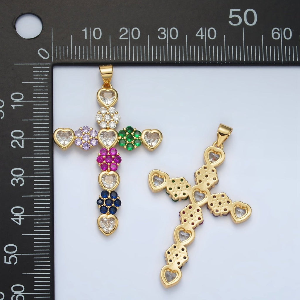 24K Gold plated 45mm Multicolor Heart Flower Cross Pendant | AH188 - DLUXCA