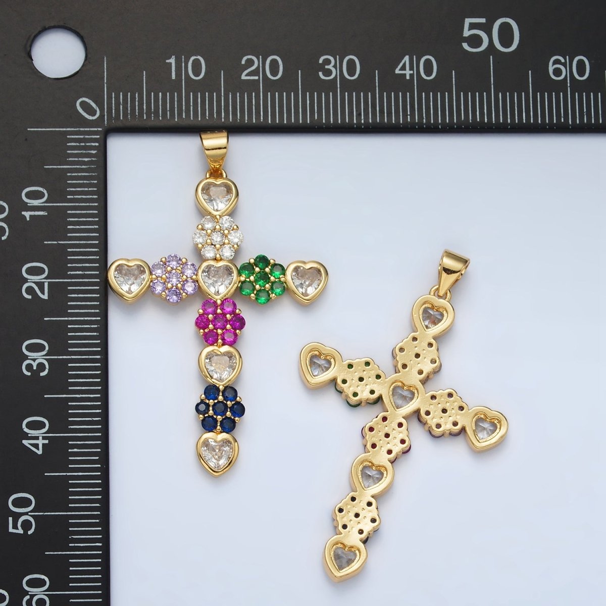 24K Gold plated 45mm Multicolor Heart Flower Cross Pendant | AH188 - DLUXCA
