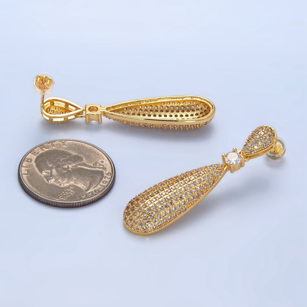 24K Gold plated 45mm Teardrop CZ Micro Paved Double Drop Stud Earrings | AD777 - DLUXCA