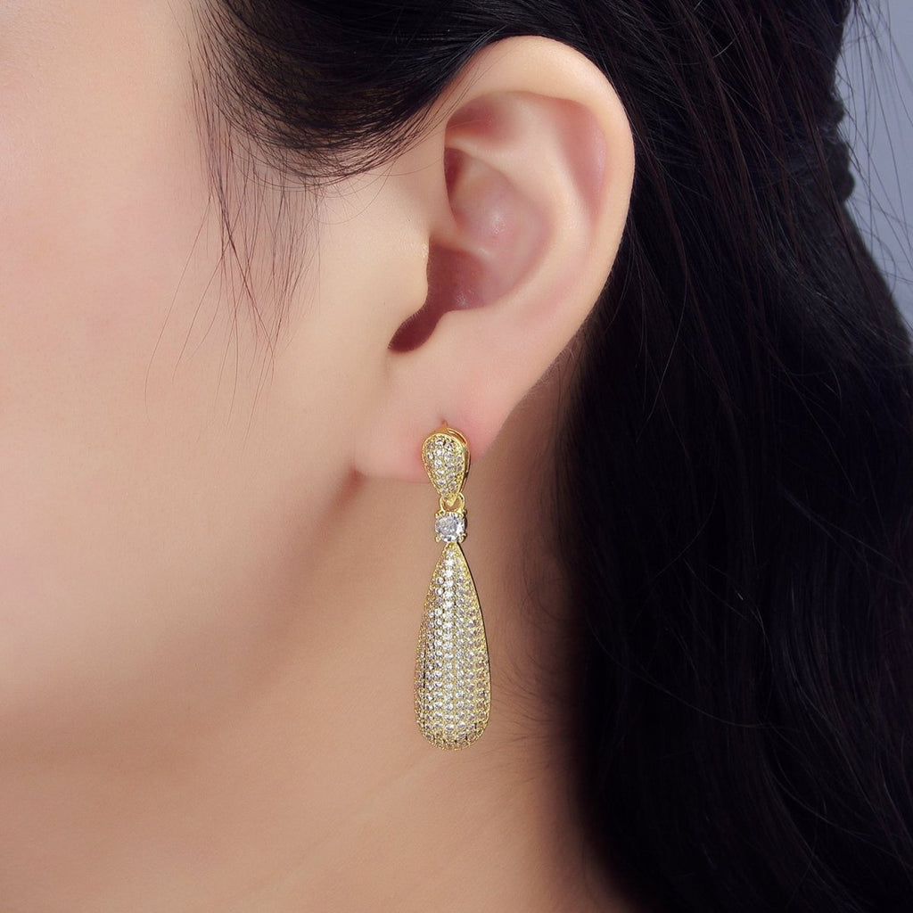 24K Gold plated 45mm Teardrop CZ Micro Paved Double Drop Stud Earrings | AD777 - DLUXCA