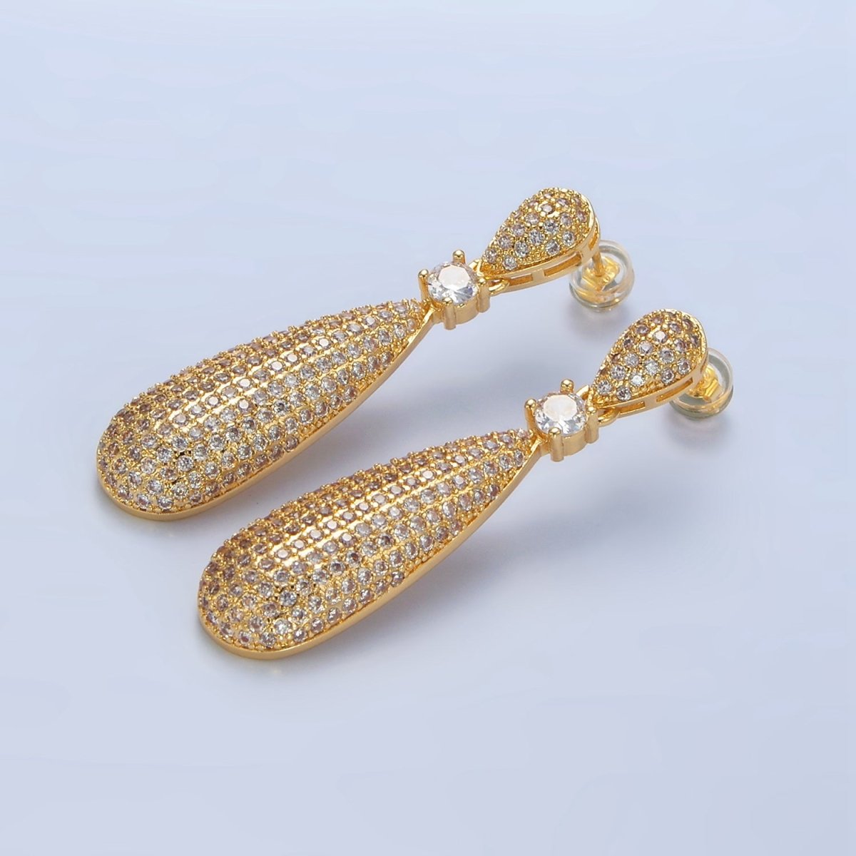 24K Gold plated 45mm Teardrop CZ Micro Paved Double Drop Stud Earrings | AD777 - DLUXCA