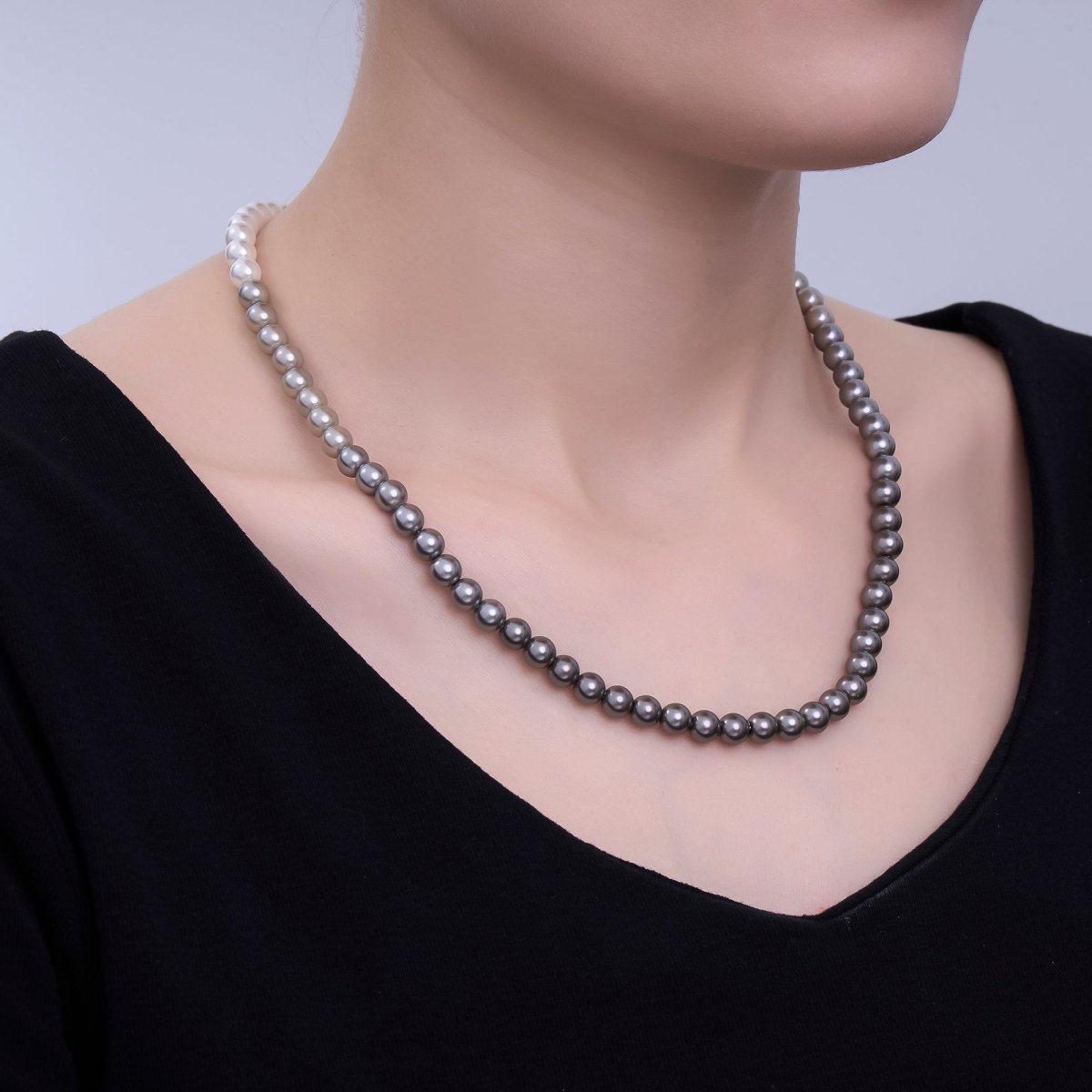 24K Gold plated 4mm, 6mm Gradient White - Grey Shell Pearl 17 Inch Necklace | WA - 2794 WA - 2795 