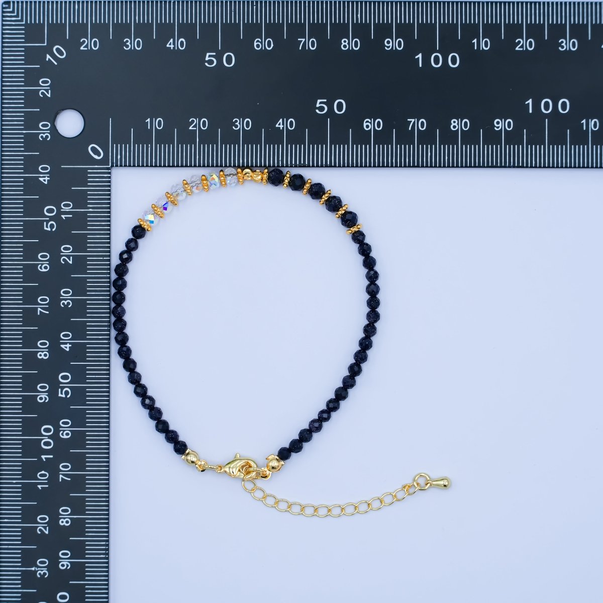 24K Gold plated 4mm AB Blue Black Goldstone Multifaceted Gemstone 7.5 Inch Bracelet | WA-2890