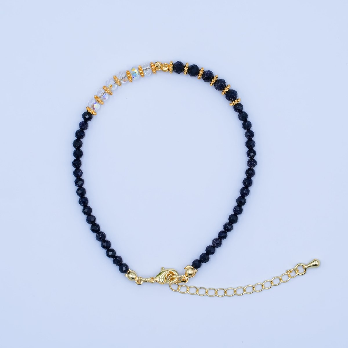 24K Gold plated 4mm AB Blue Black Goldstone Multifaceted Gemstone 7.5 Inch Bracelet | WA-2890