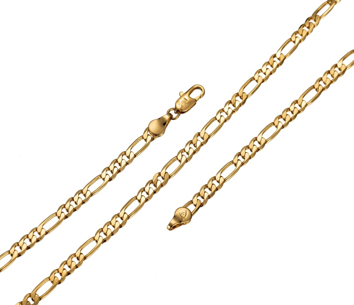 24K Gold plated 4mm Flat Figaro Chain GF Finished Necklace 20" inch Gold Chain Finished Gold plated Chain Ready To Wear Chain Necklace, 3mm Figaro Necklace w/ Lobster Clasps | CN-483 Clearance Pricing - DLUXCA