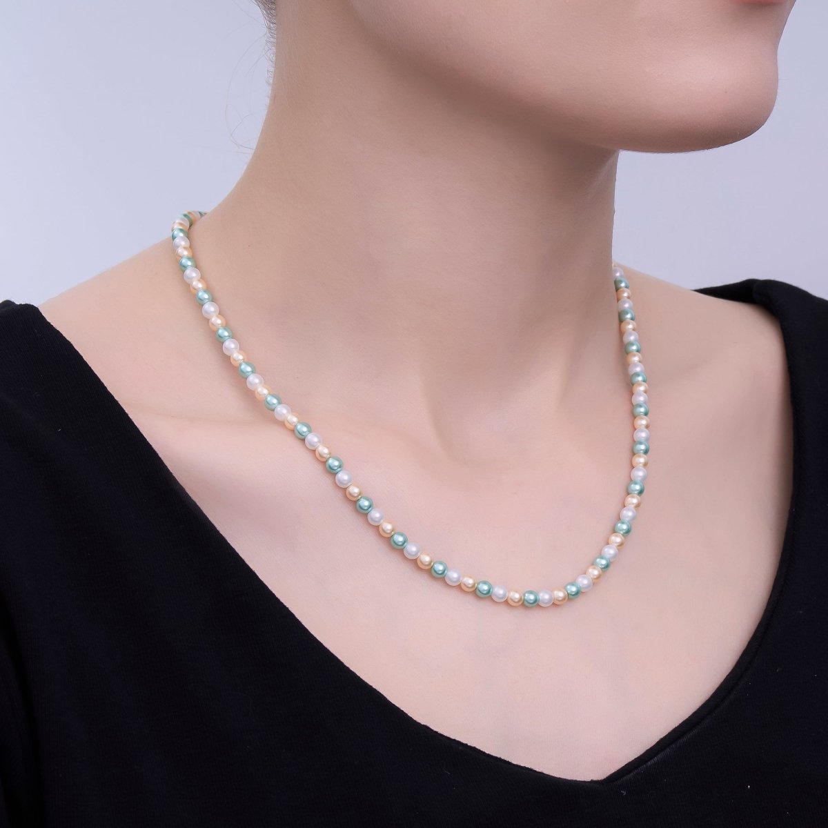24K Gold plated 4mm Green Peach Multicolor Shell Pearl 17 Inch Necklace | WA - 2793 