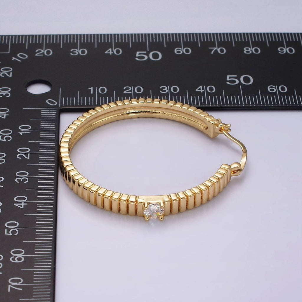 24K Gold plated 50mm Clear CZ Ribbed Latch Hoop Earrings | AE346 - DLUXCA