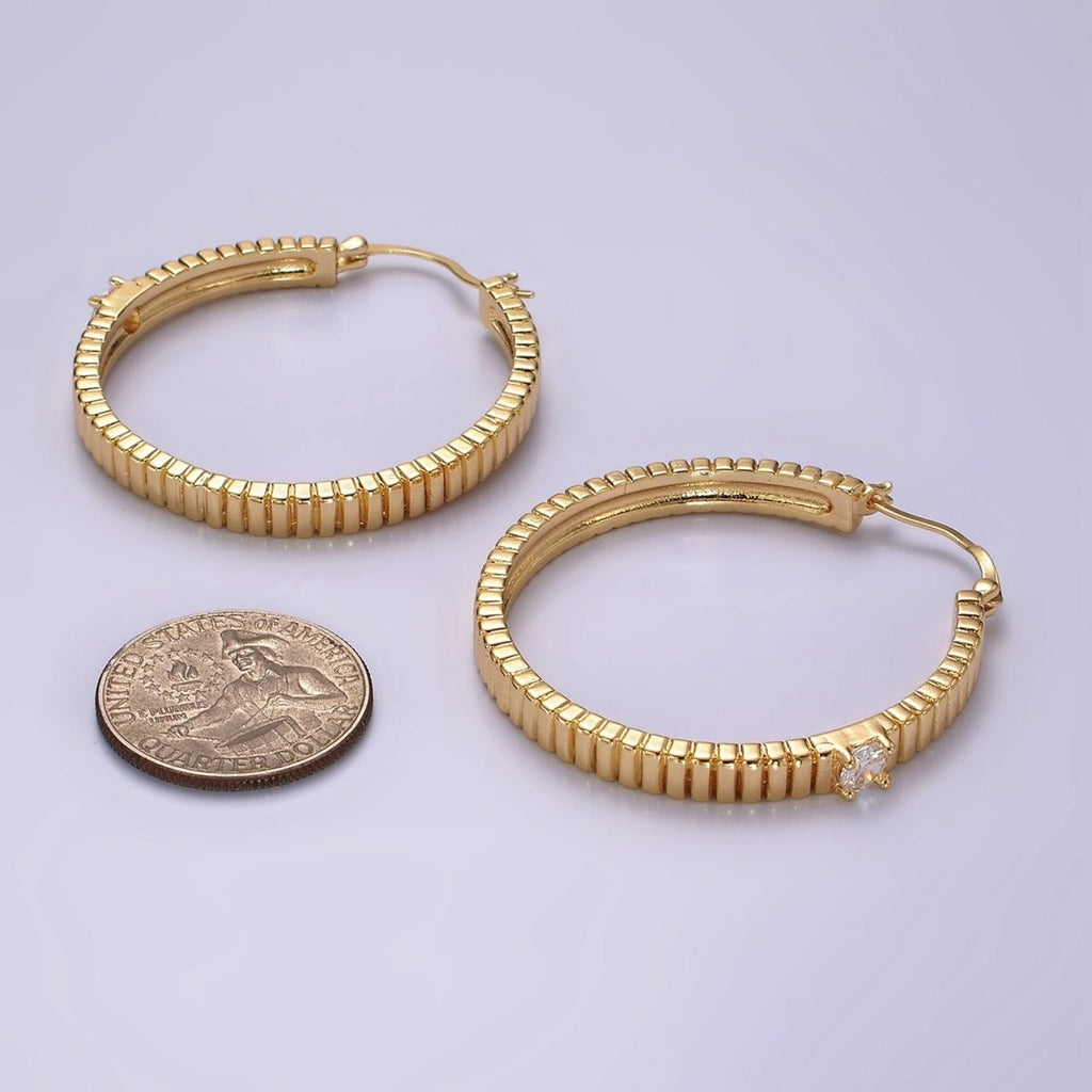 24K Gold plated 50mm Clear CZ Ribbed Latch Hoop Earrings | AE346 - DLUXCA