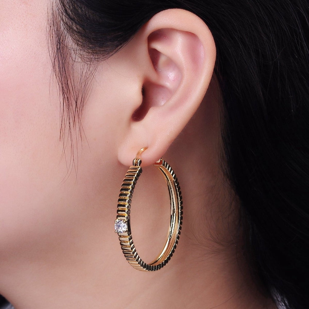 24K Gold plated 50mm Clear CZ Ribbed Latch Hoop Earrings | AE346 - DLUXCA