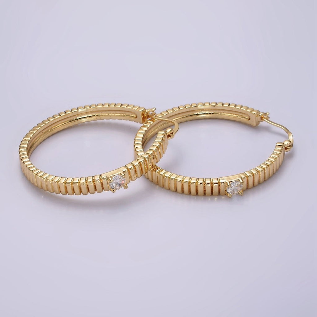 24K Gold plated 50mm Clear CZ Ribbed Latch Hoop Earrings | AE346 - DLUXCA