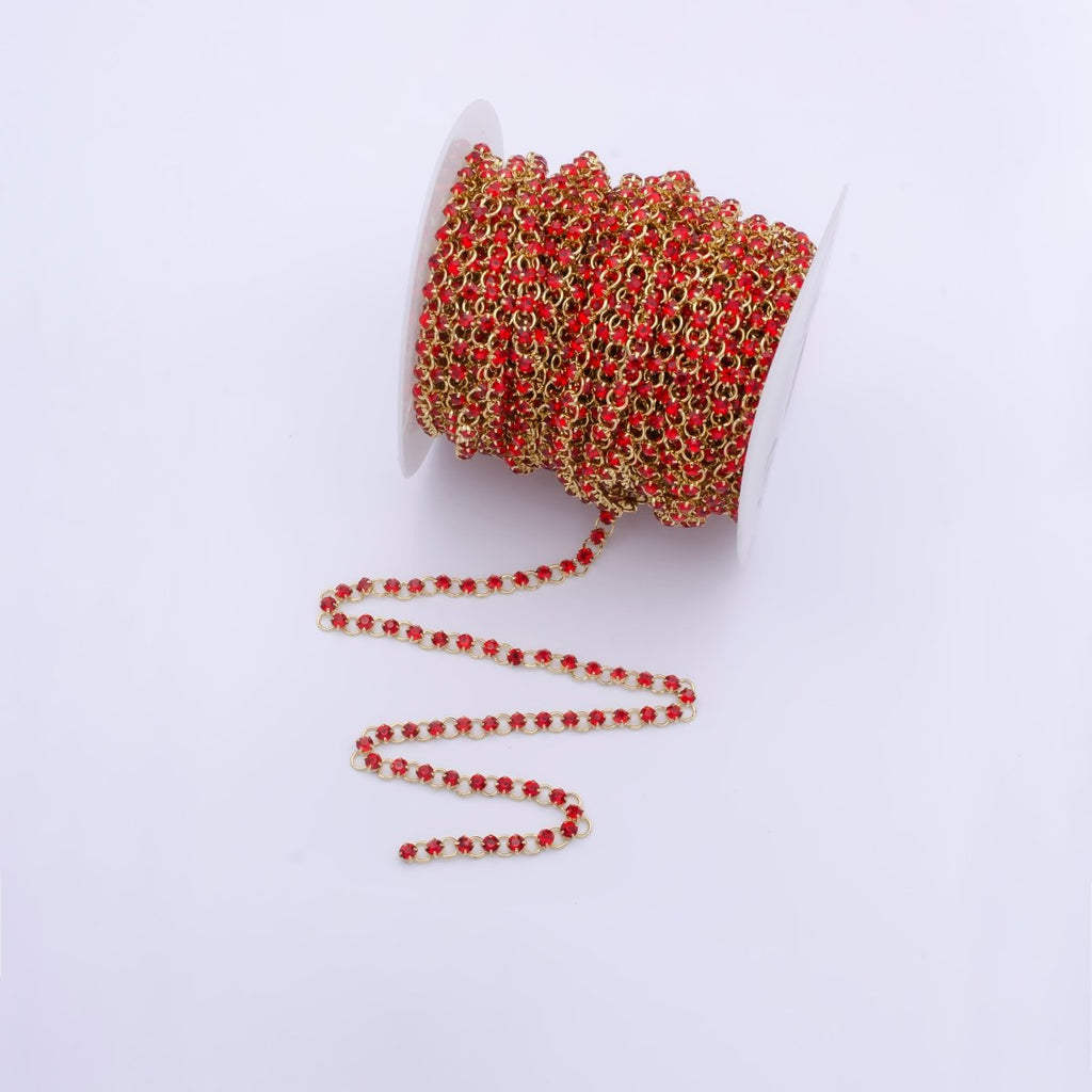 24K Gold plated 5.2mm Designed Rolo Ruby Red Cubic Zirconia Unfinished Chain For Jewelry Necklace Making | ROLL-866 Clearance Pricing - DLUXCA