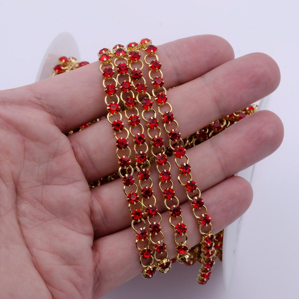24K Gold plated 5.2mm Designed Rolo Ruby Red Cubic Zirconia Unfinished Chain For Jewelry Necklace Making | ROLL-866 Clearance Pricing - DLUXCA