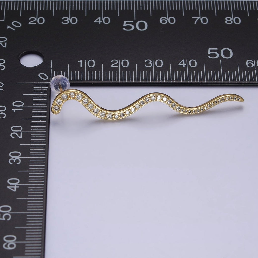 24K Gold plated 55.7mm Slither Snake Micro Paved CZ Geometric Drop Stud Earrings | AB726 - DLUXCA