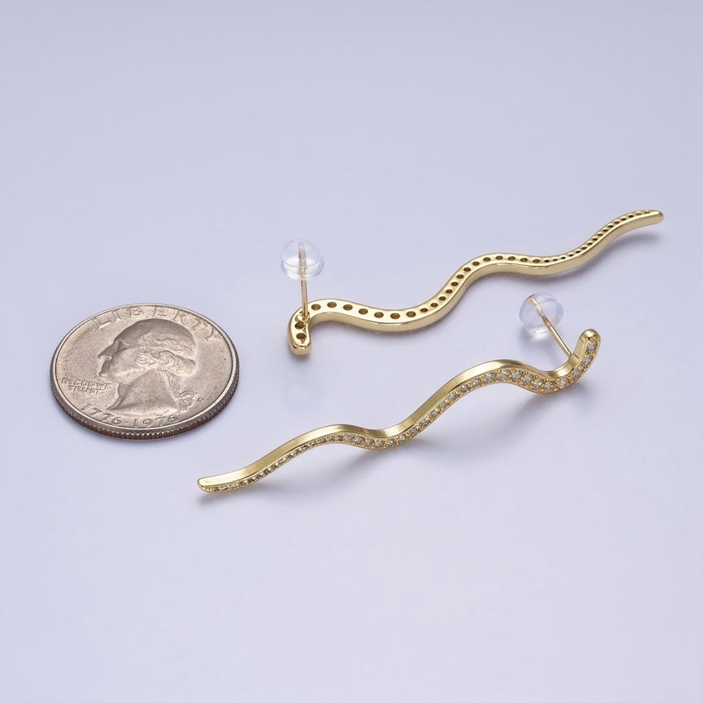 24K Gold plated 55.7mm Slither Snake Micro Paved CZ Geometric Drop Stud Earrings | AB726 - DLUXCA