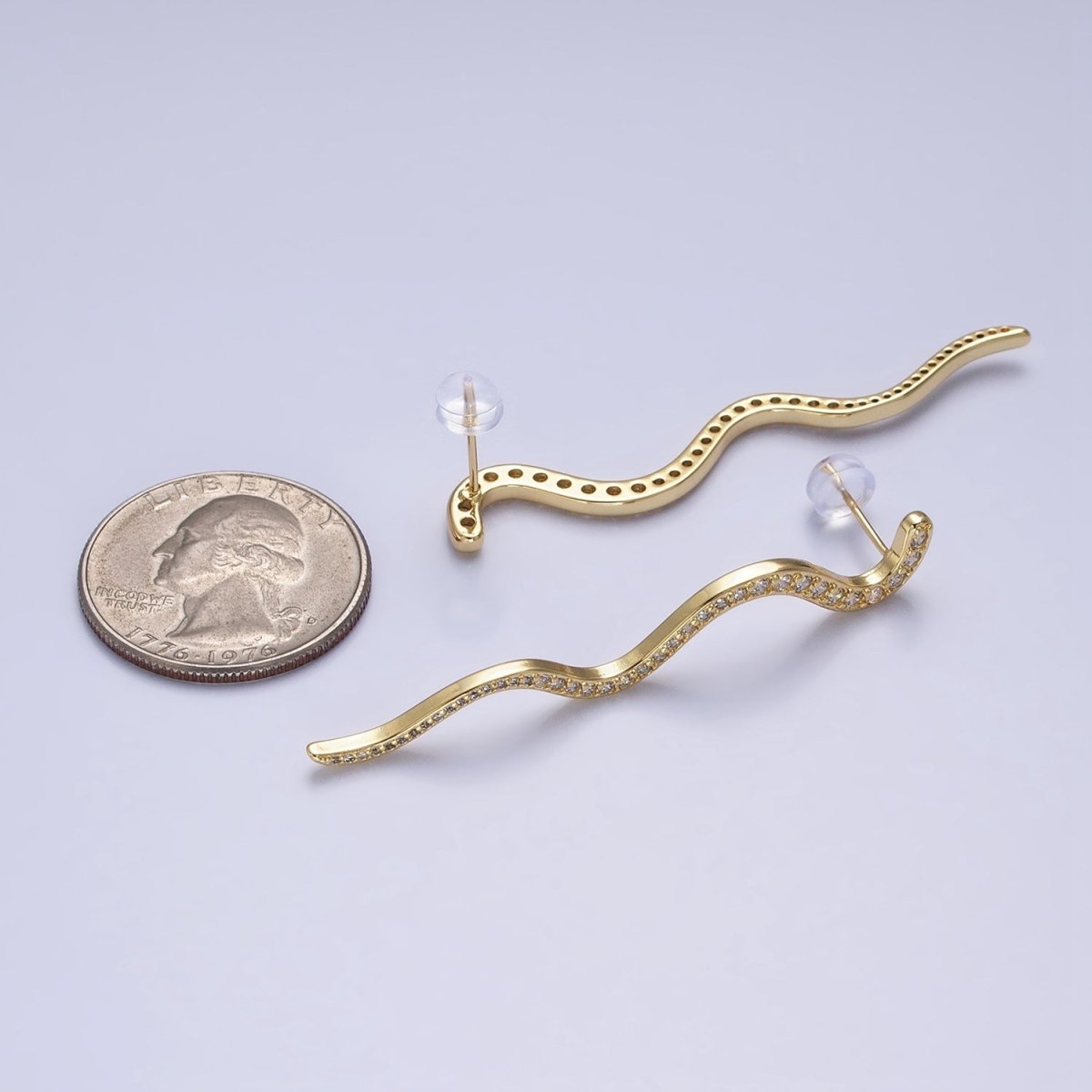 24K Gold plated 55.7mm Slither Snake Micro Paved CZ Geometric Drop Stud Earrings | AB726 - DLUXCA