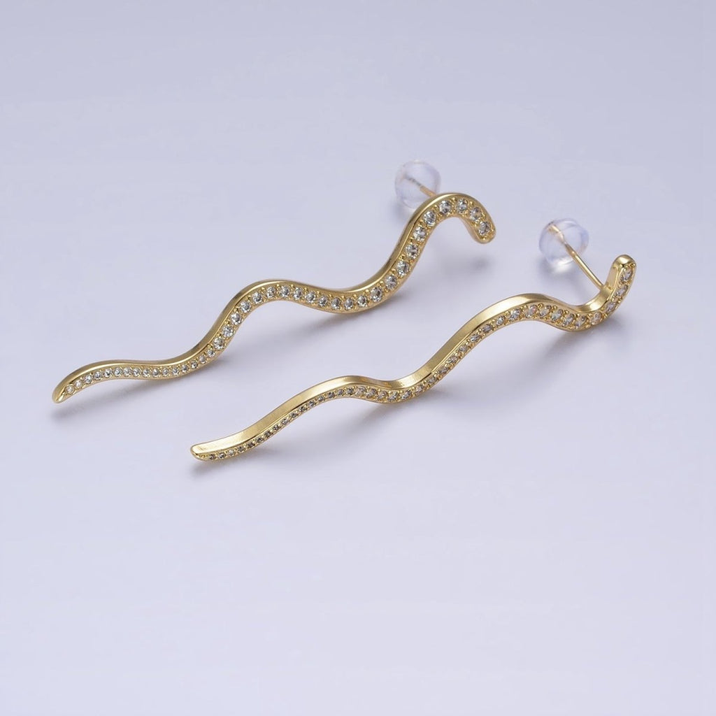 24K Gold plated 55.7mm Slither Snake Micro Paved CZ Geometric Drop Stud Earrings | AB726 - DLUXCA