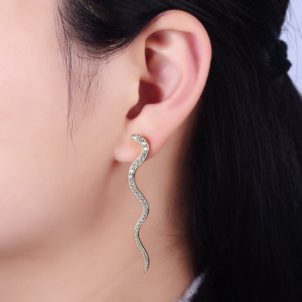 24K Gold plated 55.7mm Slither Snake Micro Paved CZ Geometric Drop Stud Earrings | AB726 - DLUXCA